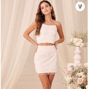 Lulus Dancing in a Dream White Fringe Lace-Up Two-Piece Mini Dress